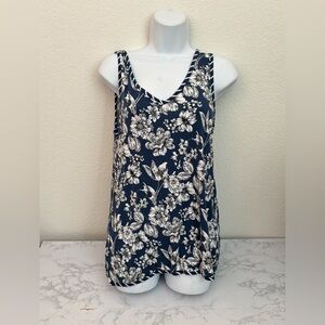 Women's Tropical Tank Top Stretch Size M Pullover Floral Blue White V Neck​​